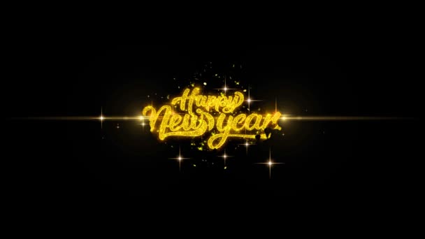 Happy New Year golden Text blinking particles with golden fireworks Display background. — Stock Video