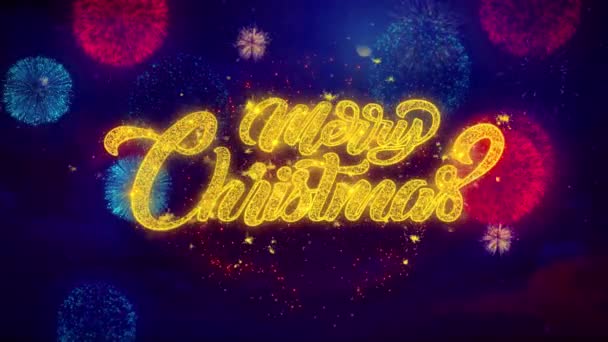 Feliz Navidad saludo texto chispas partículas en la pantalla de fuegos artificiales de colores  . — Vídeo de stock