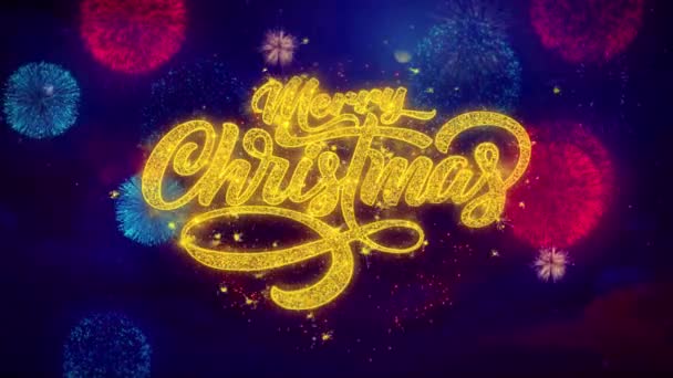 Feliz Natal xmas saudação texto Faísca Partículas na exibição de fogos de artifício coloridos  . — Vídeo de Stock