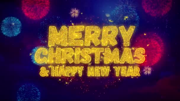 Καλά Χριστούγεννα και νέο έτος κείμενο Sparkle σωματίδια χαιρετισμού στην επίδειξη πυροτεχνημάτων . — Αρχείο Βίντεο