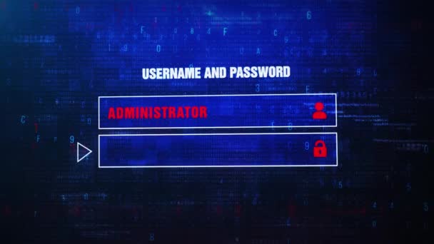 Ddos 攻撃アラート警告エラー メッセージ画面に点滅しています 入力ログインとパスワードをコンピューターは画面 デジタルのグリッチや歪んだノイズ コンピューター概念をハッキングに抽象化します — ストック動画