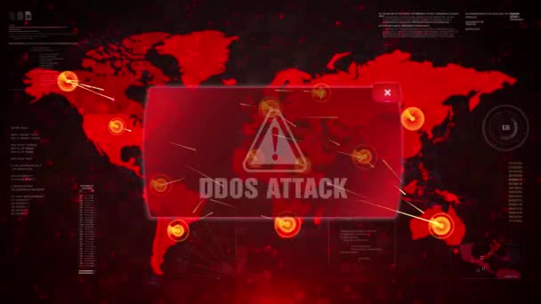 Ddos Attack Alert Varning Meddelande Attack Världskartan Wire Frame Radar — Stockvideo