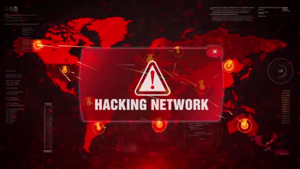 Hacking δικτύου συναγερμού προειδοποίηση επίθεση στην οθόνη παγκόσμιο χάρτη βρόχο πρόταση. — Αρχείο Βίντεο
