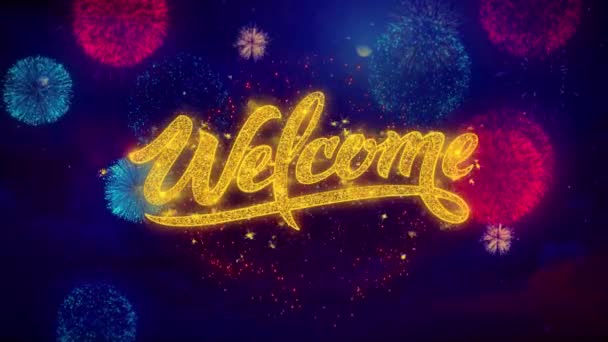 Mot de bienvenue Texte Sparkle Particules sur feux d'artifice colorés — Video
