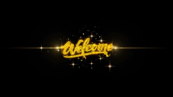 Bienvenida Texto dorado Parpadeo de partículas con fuegos artificiales de oro Mostrar — Vídeo de stock
