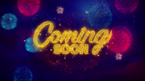 Coming Soon Greeting Text Sparkle Particles on Colored Fireworks — Stock Video