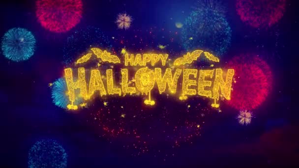Texto de felicitación de Halloween feliz chispa partículas en fuegos artificiales de colores — Vídeo de stock