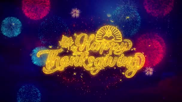 Happy Thanksgiving Greeting Text Sparkle Particles on Colored Fireworks — стоковое видео