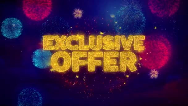 Oferta exclusiva saudação texto brilho partículas em fogos de artifício coloridos — Vídeo de Stock