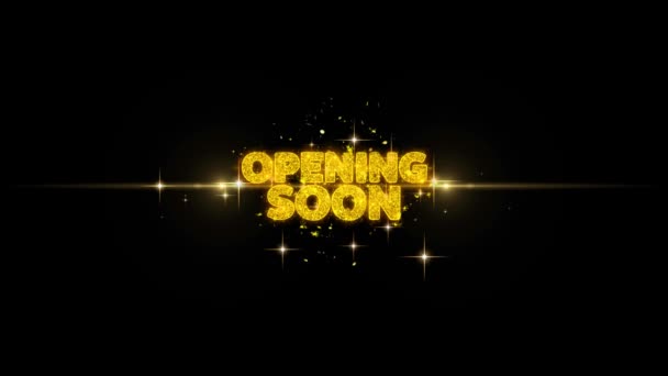 Opening Soon Golden Text Blinking Particles with Golden Fireworks Display — Stock Video