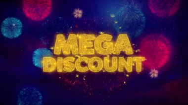 Mega indirim metin ışıltı parçacıkları üzerinde renkli havai fişek tebrik