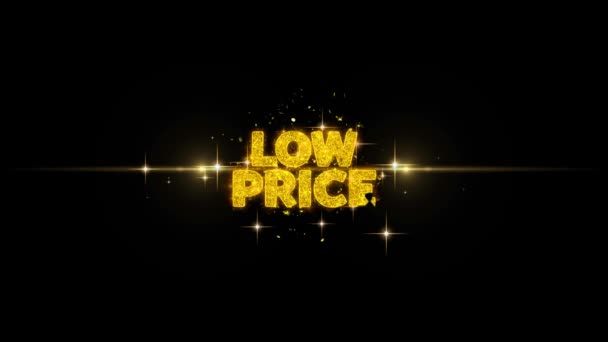 Lågt pris gyllene Text blinkar partiklar med gyllene fyrverkeri — Stockvideo