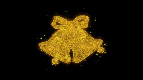 Χριστούγεννα καμπάνες και Holly γραμμένο με χρυσά σωματίδια σπινθήρες πυροτεχνήματα — Αρχείο Βίντεο