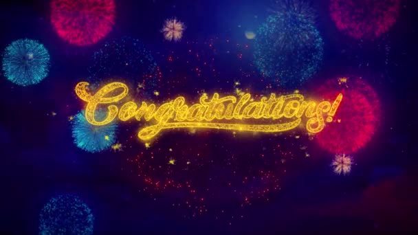 Congratulations Greeting Text Sparkle Particles on Colored Fireworks — Stock Video