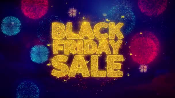 Black Friday verkoop groet tekst Sparkle deeltjes op gekleurde vuurwerk — Stockvideo