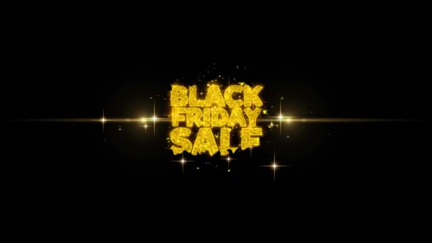 Svart fredag försäljning gyllene Text blinkar partiklar med gyllene fyrverkeri — Stockvideo