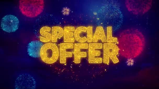 Oferta especial Texto de saludo Partículas de chispa en fuegos artificiales de colores — Vídeos de Stock