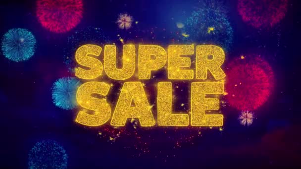 Super Sale groet tekst Sparkle deeltjes op gekleurde vuurwerk — Stockvideo