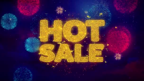 Texto de saludo de venta caliente Partículas de chispa en fuegos artificiales de colores — Vídeo de stock