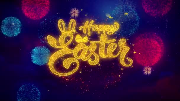 Happy Easter Greeting Text Sparkle Particles on Colored Fireworks — Stock Video