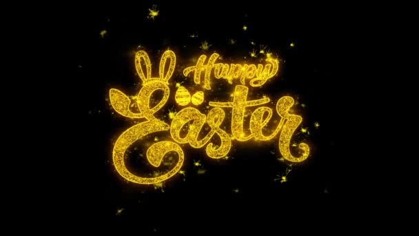 Šťastné Velikonoce typografie napsal s Golden částice jisker ohňostroje displej 4k. Blahopřání, oslava, večírek pozvánky, kalendáře, dárkové, události, zprávy, Holiday, přání Festival .