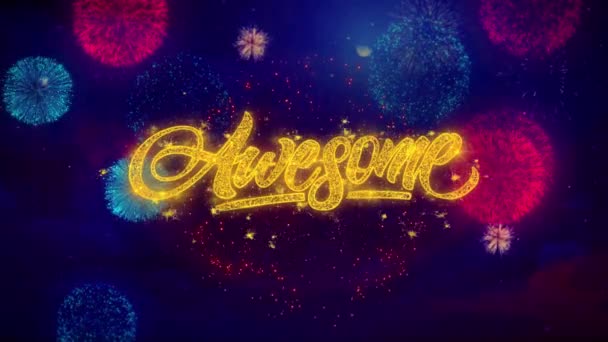 Texto de saludo impresionante chispa partículas en fuegos artificiales de colores — Vídeo de stock