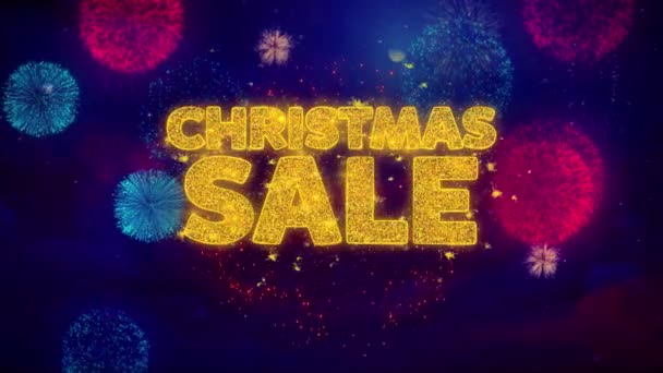 Navidad venta saludo texto chispas partículas en fuegos artificiales de colores — Vídeos de Stock