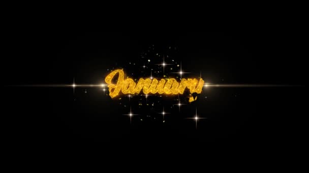 Январский золотой текст мигает частицами с дисплеем "Золотой фейерверк" — стоковое видео