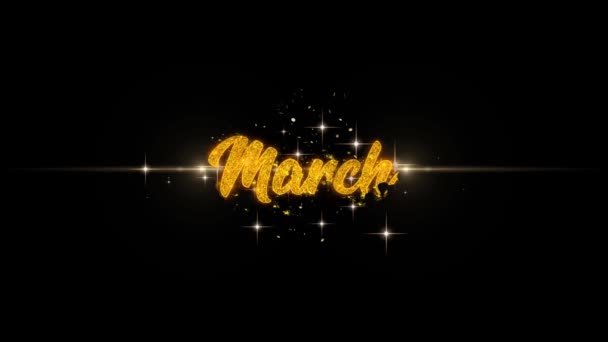 March Golden Text Blinking Particles with Golden Fireworks Display — Stock Video