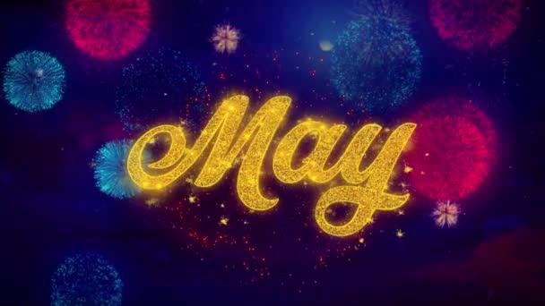 Texto de saludo de mayo Partículas de chispa en fuegos artificiales de colores — Vídeo de stock