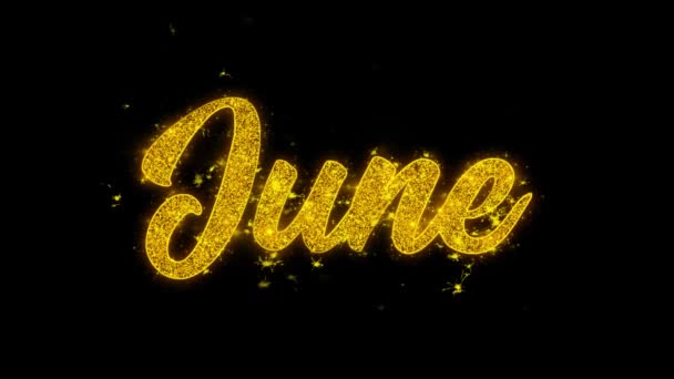 Juni typografie geschreven met gouden deeltjes Sparks vuurwerk — Stockvideo