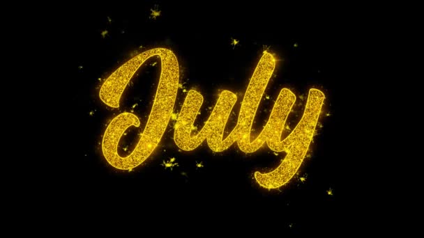 Juillet Typographie écrite avec des particules d'or étincelles feux d'artifice — Video