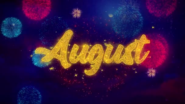 Texto de saludo de agosto Partículas de chispa en fuegos artificiales de colores — Vídeos de Stock