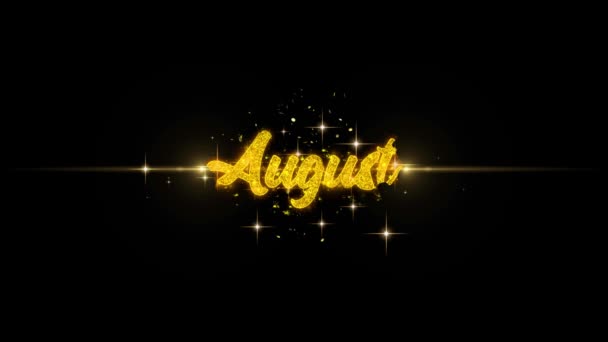 August Golden Text Blinking Particles with Golden Fireworks Display — Stock Video