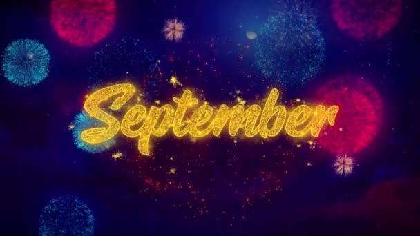 Texto de saludo de septiembre Partículas de chispa en fuegos artificiales de colores — Vídeos de Stock