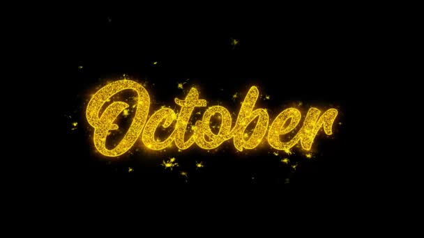 Oktober-Typografie mit Goldpartikeln zündet Feuerwerk — Stockvideo