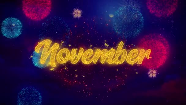 November Greeting Text Sparkle Particles on Colored Fireworks — Stock Video