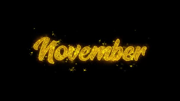 November typografi skriven med gyllene partiklar gnistor fyrverkerier — Stockvideo