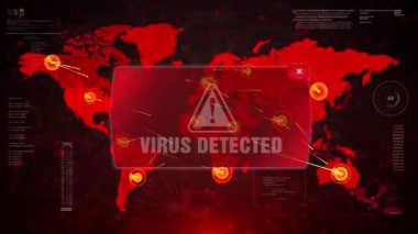 Virüs tespit uyarı uyarı iletisi saldırı dünya haritası üzerinde. Tel çerçeve Radar ağ sorunsuz döngü hareket arka plan. Kullanıcı arabirimi öğeleri Hud Sci Fi arabirimi.