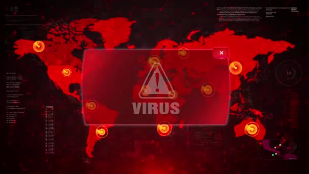 Waarschuwing op waarschuwing virusaanval op scherm wereld kaart lus Motion. — Stockvideo