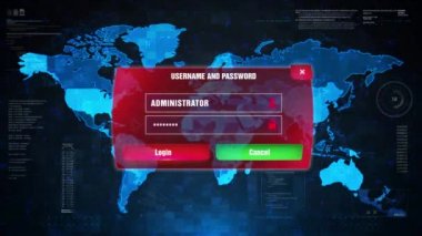 Veri ihlali uyarı uyarı iletisi saldırı ekran. Tel çerçeve Dünya Haritası Radar ağ Glitch bozulma. Oturum açma, parola ve ilerleme çubuğu fütüristik UI öğeleri Hud Sci Fi arabirimi.