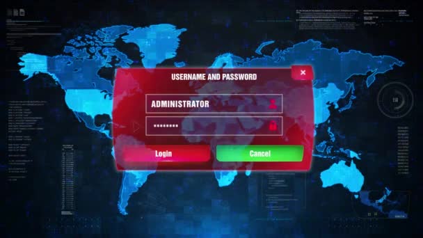 Ataque de alerta de error de seguridad en pantalla Mapa del mundo . — Vídeo de stock