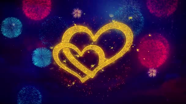 Hart vorm Love Valentines Day groeten tekst Sparkle deeltjes op gekleurde vuurwerk — Stockvideo