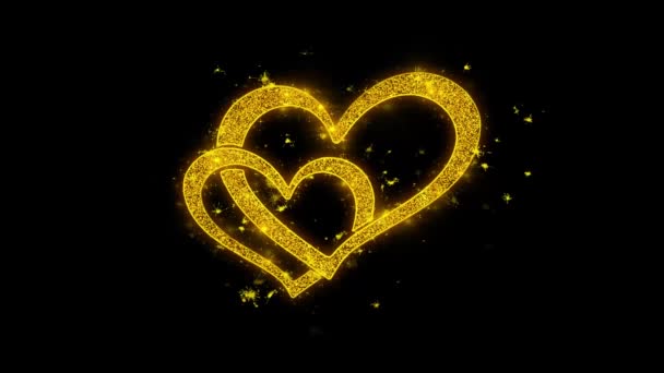Šťastný Valentines den srdcem a zářící zlatou částice jisker ohňostroje — Stock video