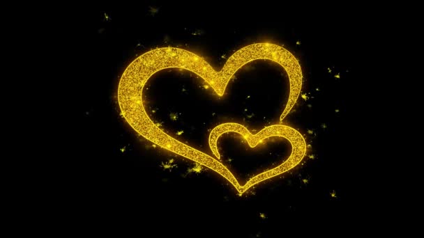 Glad Alla hjärtans dag med hjärtat och glödande guld partiklar gnistor fyrverkerier — Stockvideo
