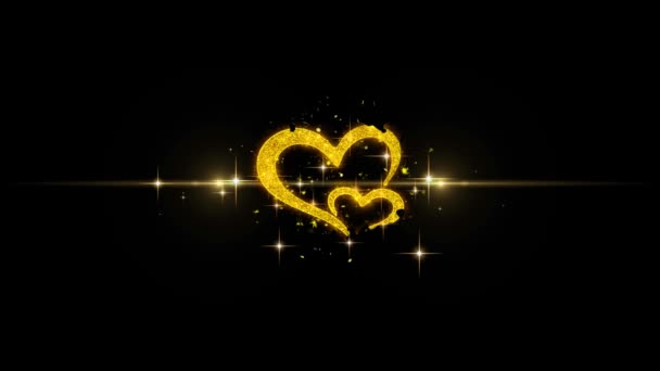 День святого Валентина любовь и сердца Золотые частицы с дисплеем Золотой фейерверк — стоковое видео