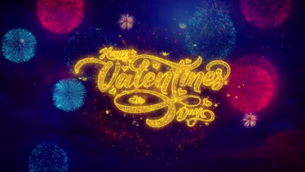 Feliz día de San Valentín amor saludo texto chispas partículas en los fuegos artificiales de colores — Vídeos de Stock