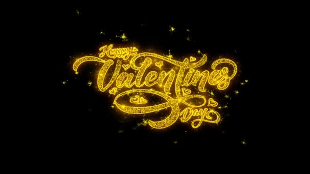 Feliz día de San Valentín amor tipografía escrita con partículas doradas chispas fuegos artificiales — Vídeos de Stock