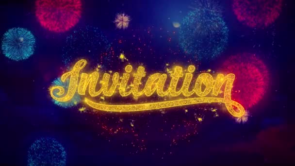 Invitation Greeting Text Sparkle Particles on Colored Fireworks — Stock Video