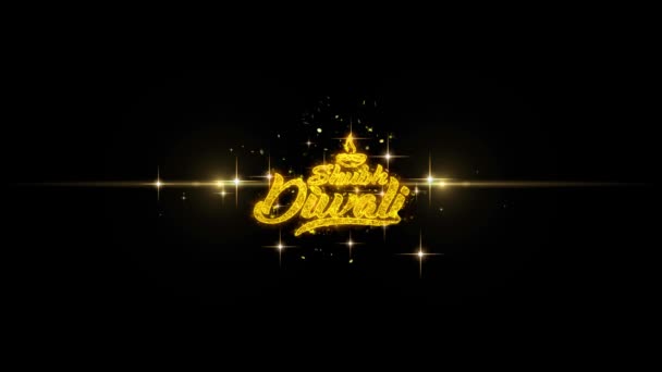 Shubh Diwali feliz diwali texto dourado que pisca partículas com exposição dourada dos fogos de artifício — Vídeo de Stock